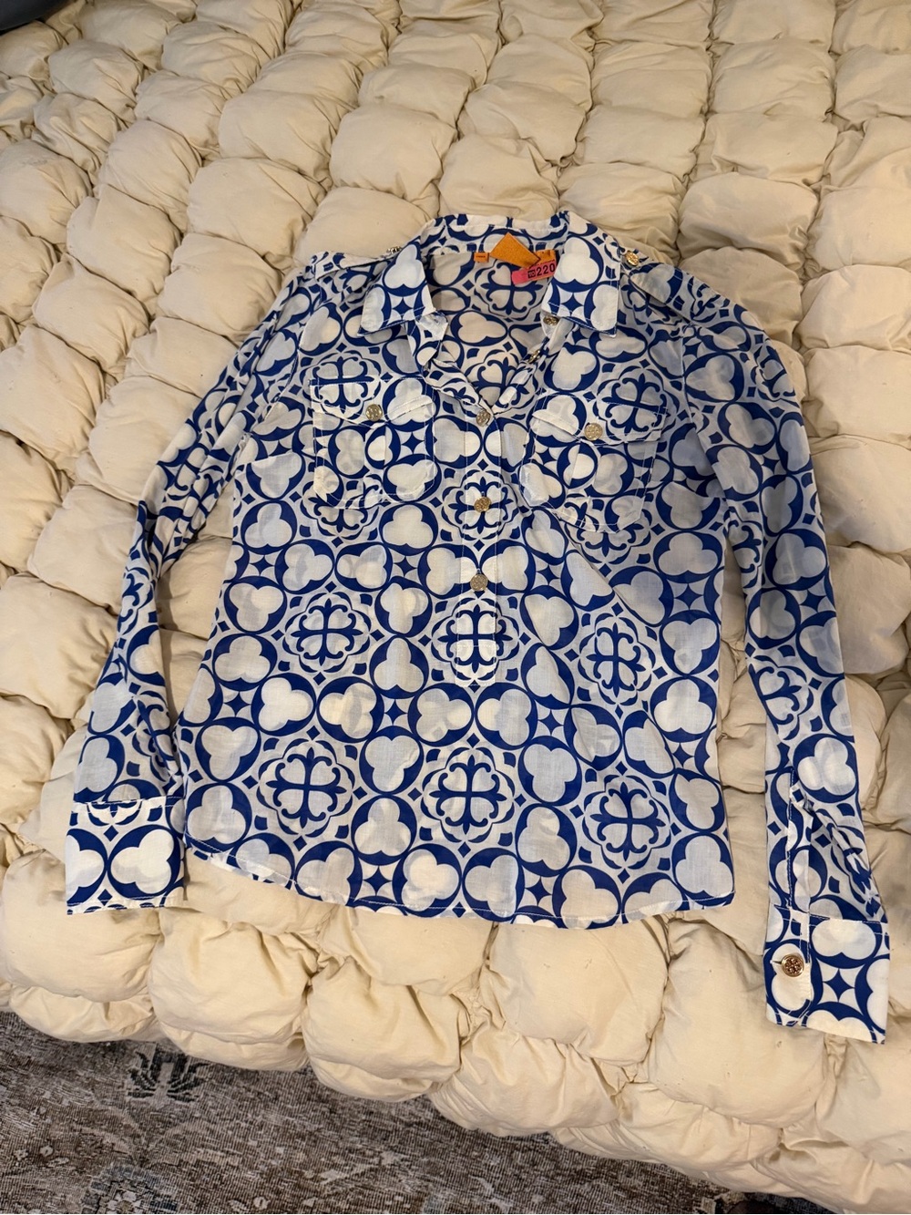 Tory Burch Brigitte Printed Button-Down Blouse in Carinthia Navy